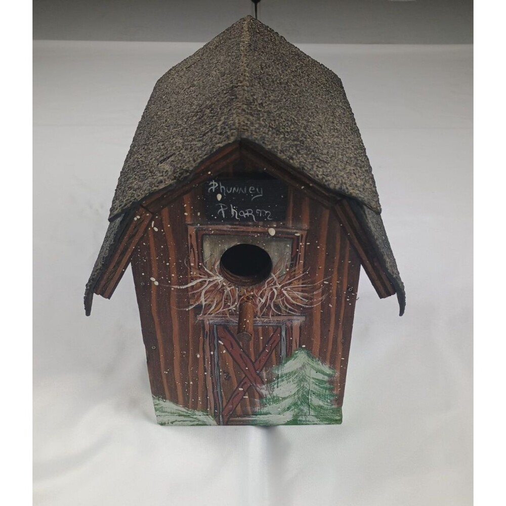 Rustic Folk Art Wooden Birdhouse Barn – "Phunney Pharm" Winter Christmas Decor